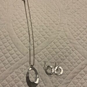 Silver Oval Pendant Necklace and Hoop Earrings Set